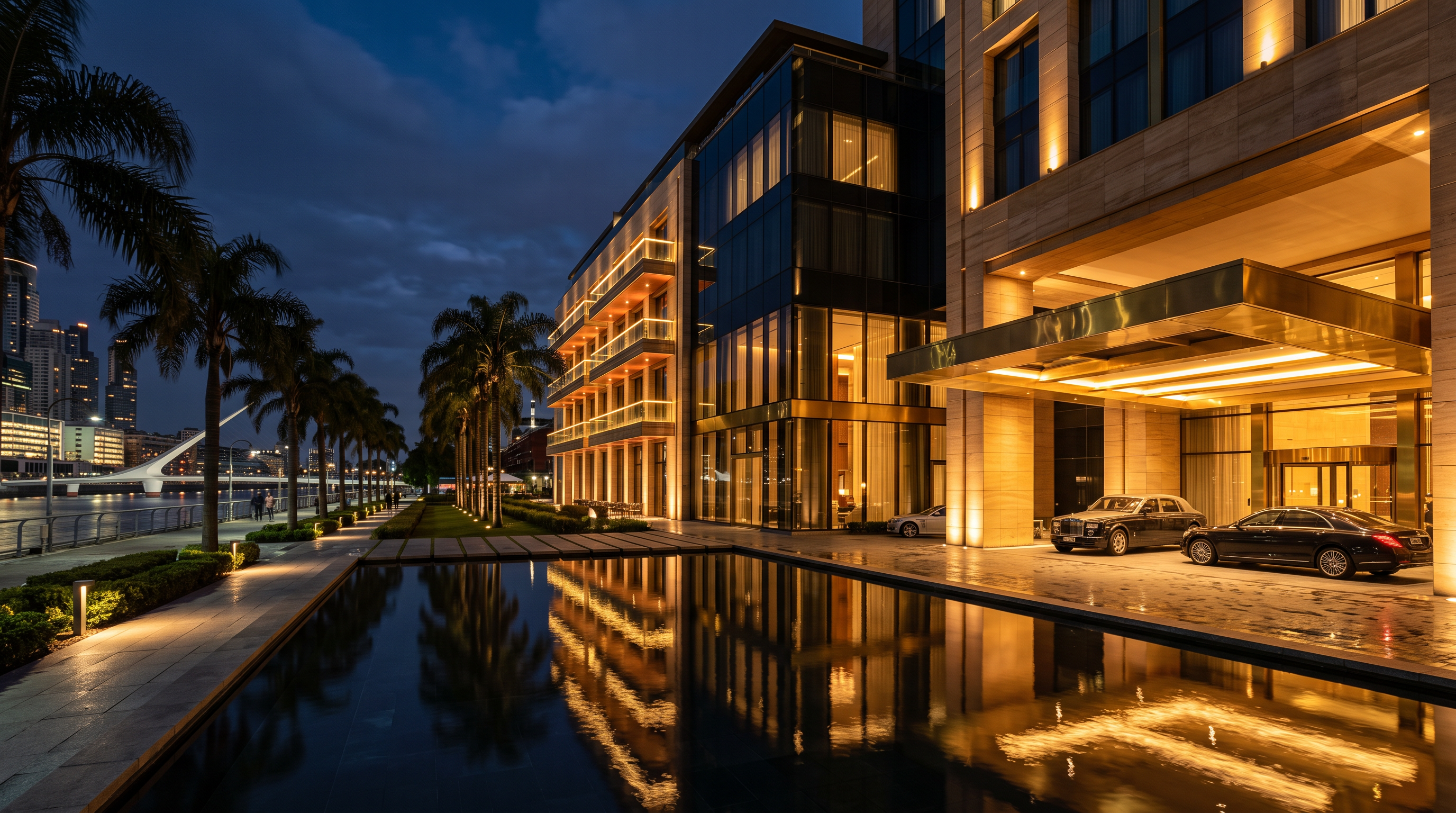 Fachada del hotel de noche