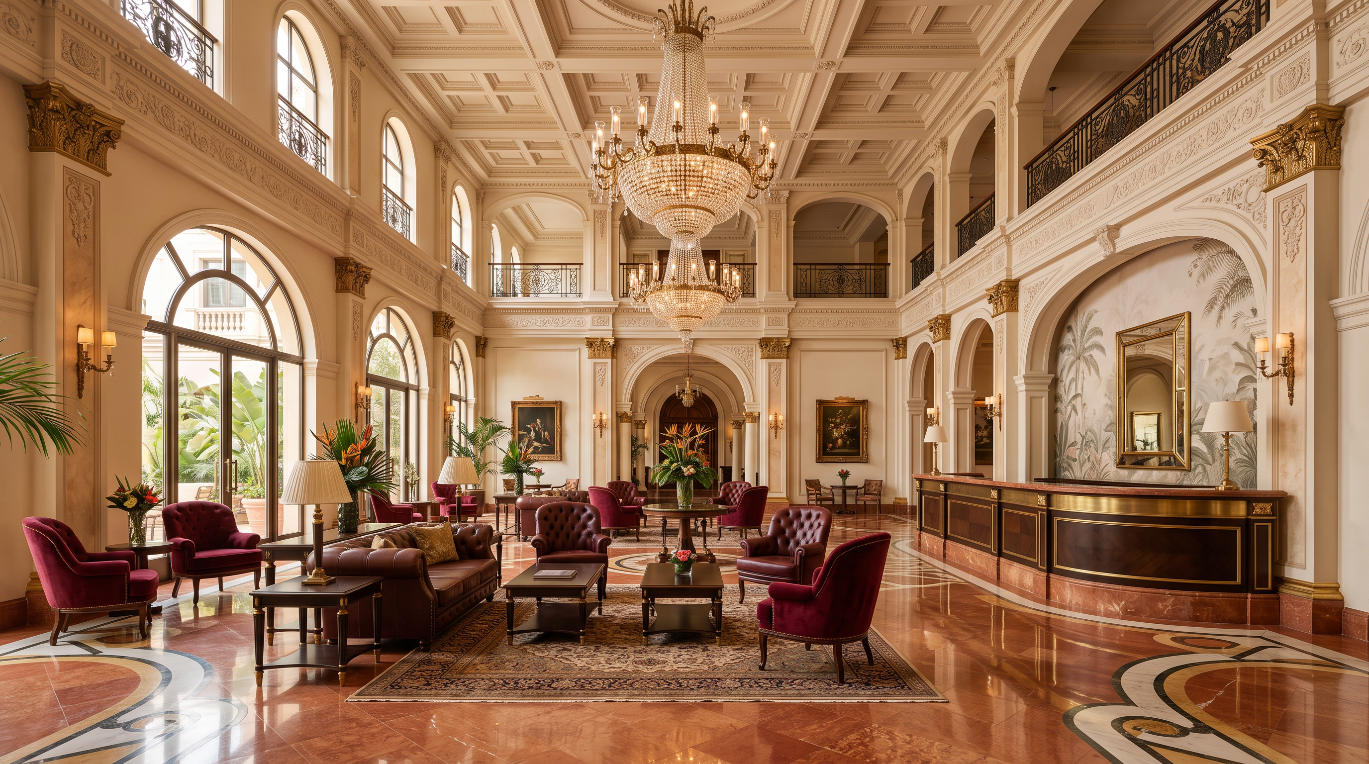 Lobby principal del GamingHotelGuide con mármol y candelabro